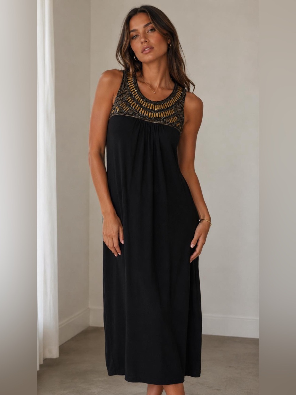Sleeveless Black Midi Dress with Bronze Embroidered Yoke